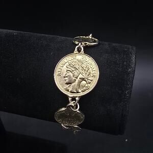 Vintage Gold Tone Faux Coin Bracelet Canadian US American Currency